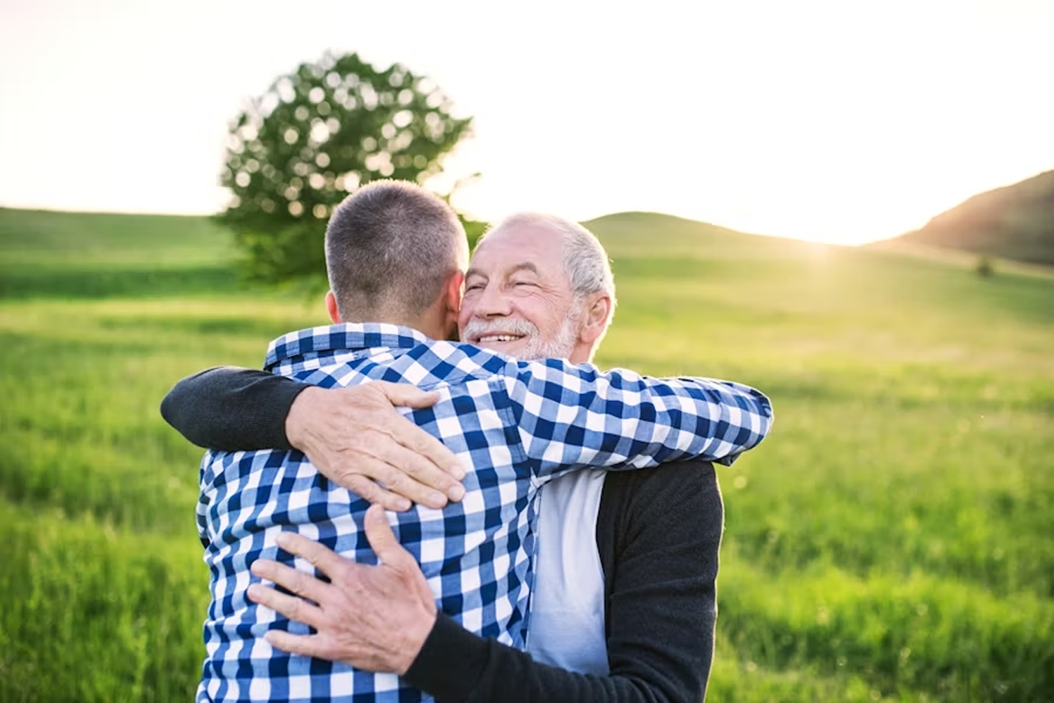 A father and son embracing in a sunlit field